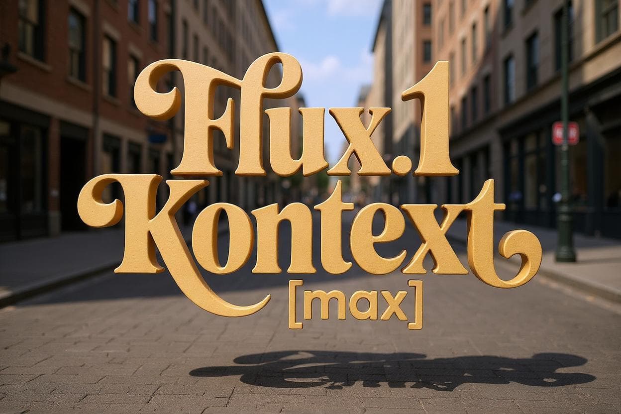 Golden three-dimensional “Flux.1 Kontext [max]” lettering floating above a city street.