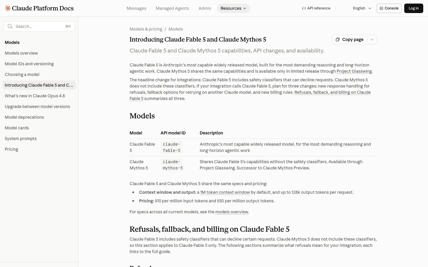 Claude Platform Docs page listing Claude Fable 5 and Claude Mythos 5 model IDs
