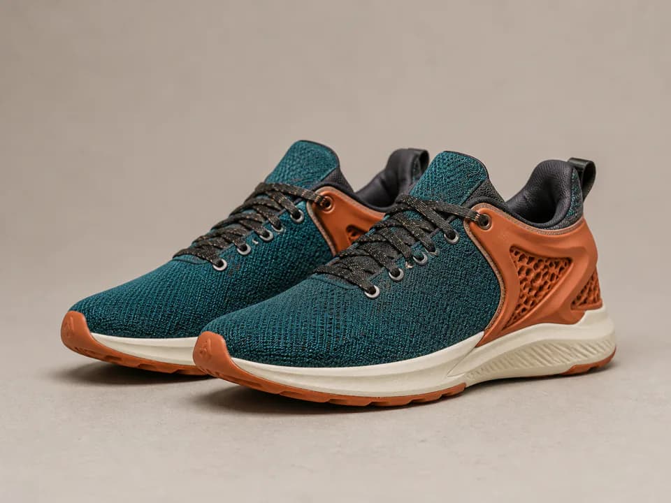 Teal and orange running shoes before final studio cleanup
