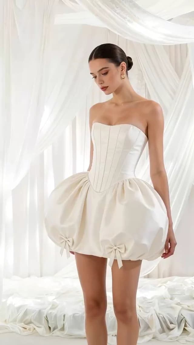 A bride in a white dress before a zombie bride transformation.