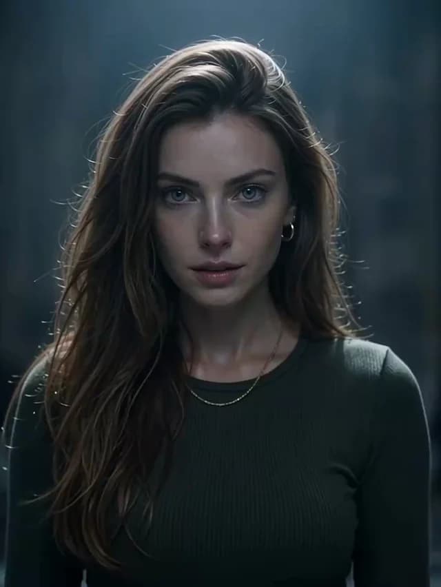 A woman in a dark cinematic portrait with a red-tear makeup effect.