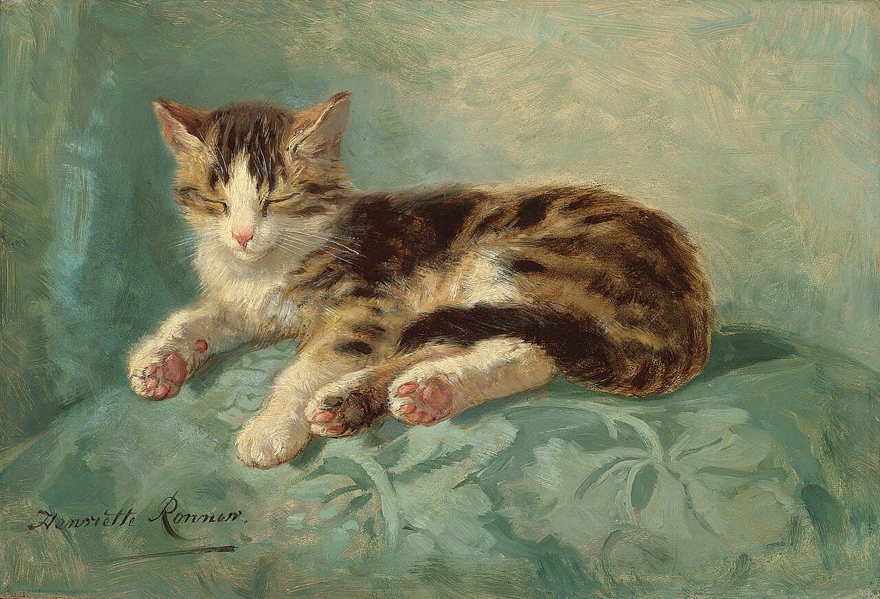 Henriëtte Ronner-Knip's painting Cat nap, showing a tabby and white cat on a green cushion