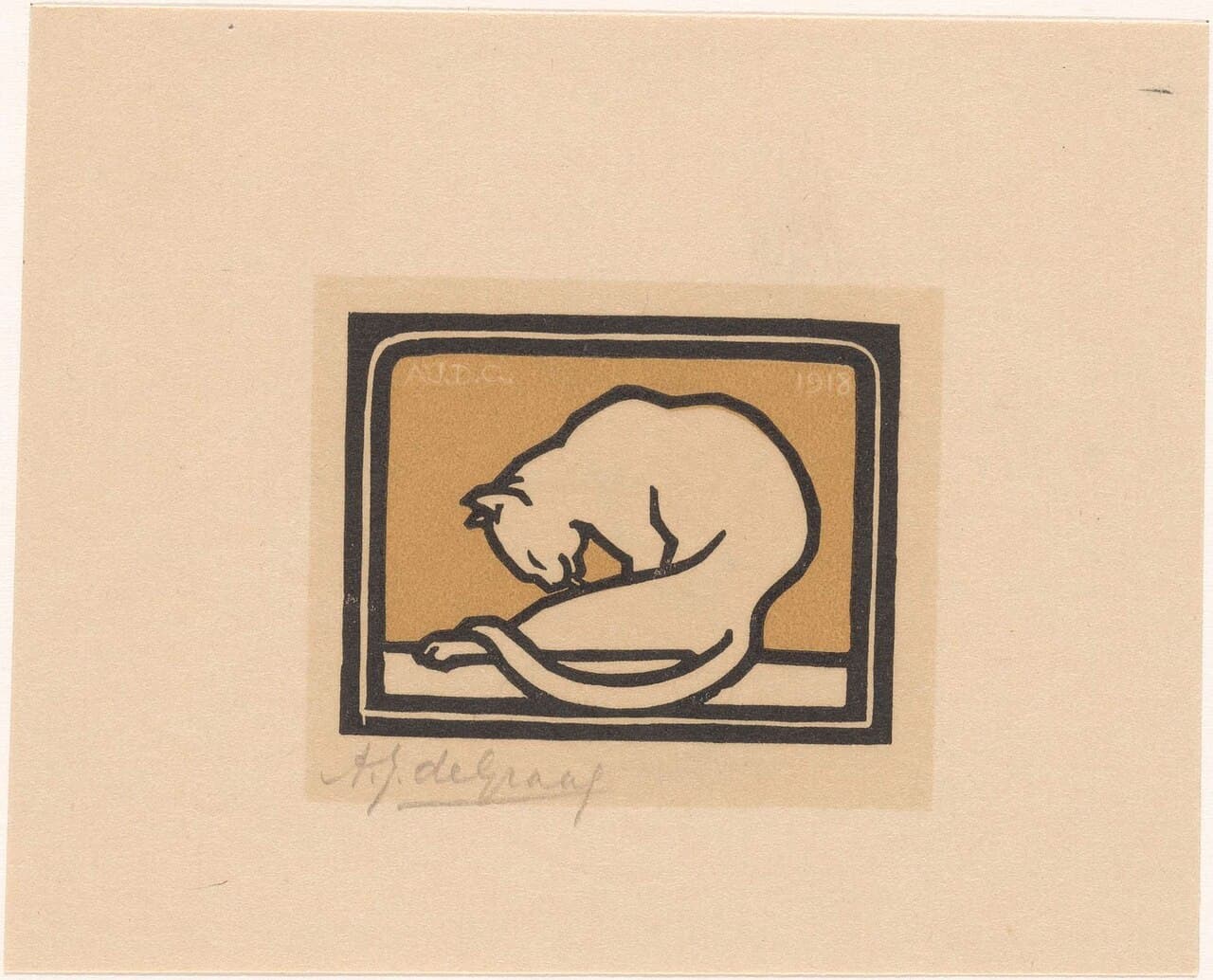 Julie de Graag's woodcut of a cat grooming itself, printed in black and brown