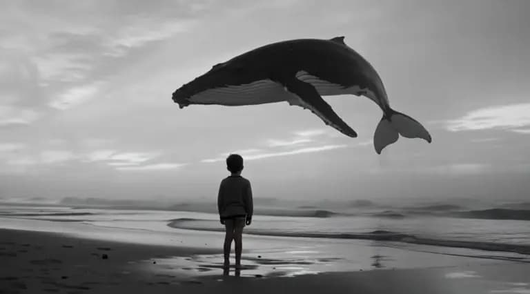 Child watching a floating whale in a monochrome landscape