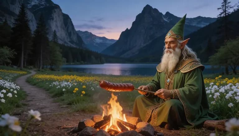 Forest mage seated beside a mountain campfire