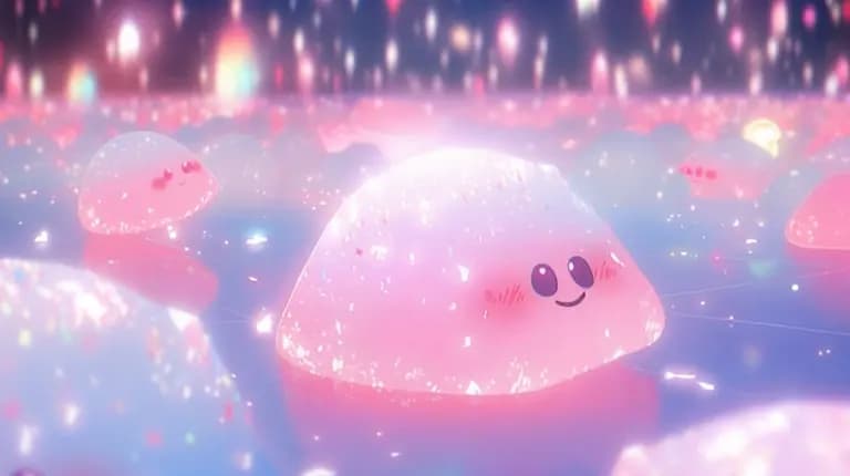 Bright pink animated character on a colorful stage