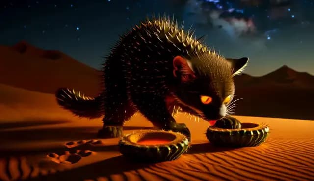 Spiky black fantasy cat crouched on desert sand
