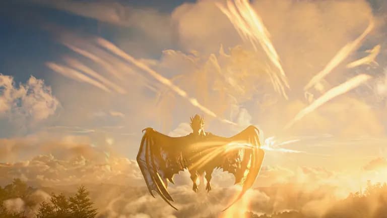 Golden dragon flying through radiant clouds
