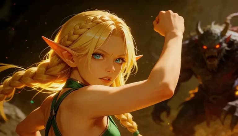 Fantasy archer raising her arm in golden light