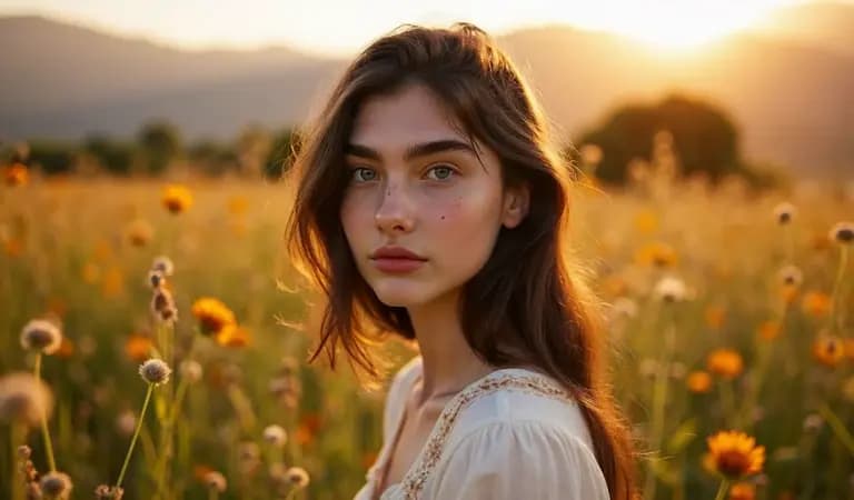 Woman standing among flowers in warm evening light