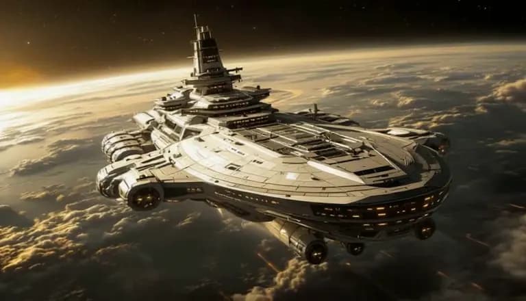 Futuristic starship floating above a dark ocean