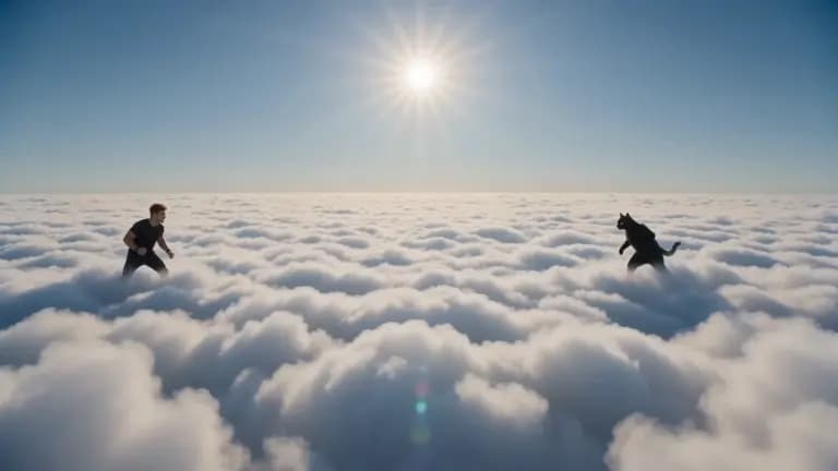 Two figures moving above a bright sea of clouds