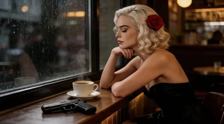 Woman seated by a rain-streaked cafe window