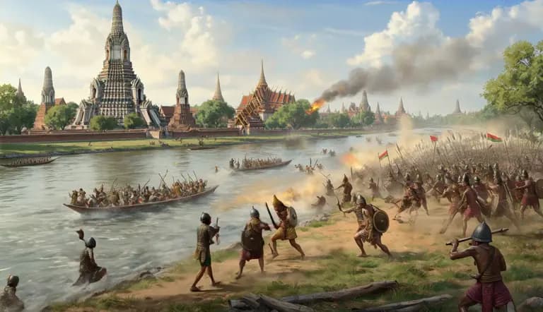 Historic riverside battle beneath a bright sky
