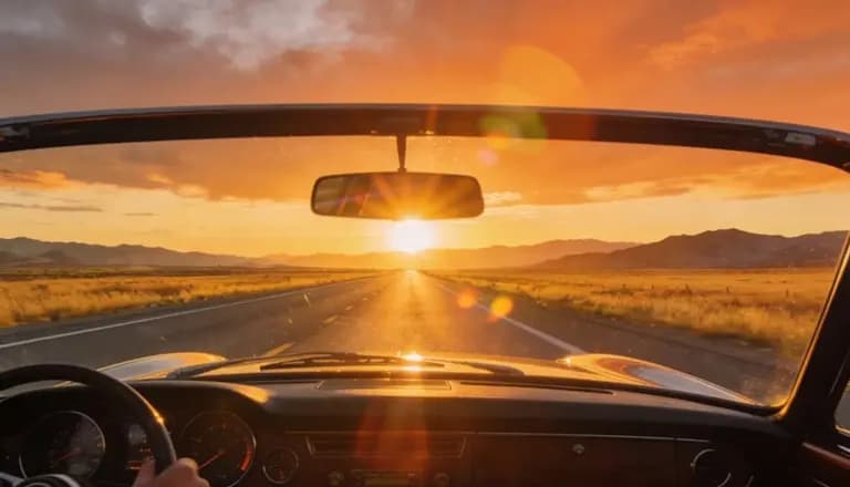Highway seen through a car windshield at sunset