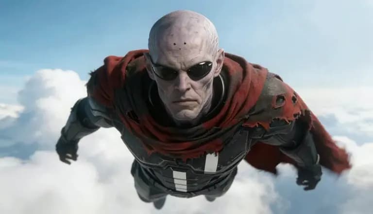 Caped figure descending through a cloudy sky