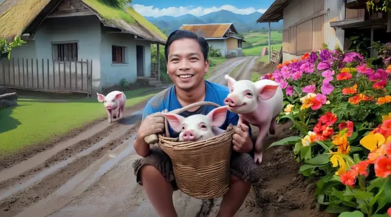 Smiling farmer carrying piglets along a flower-lined path