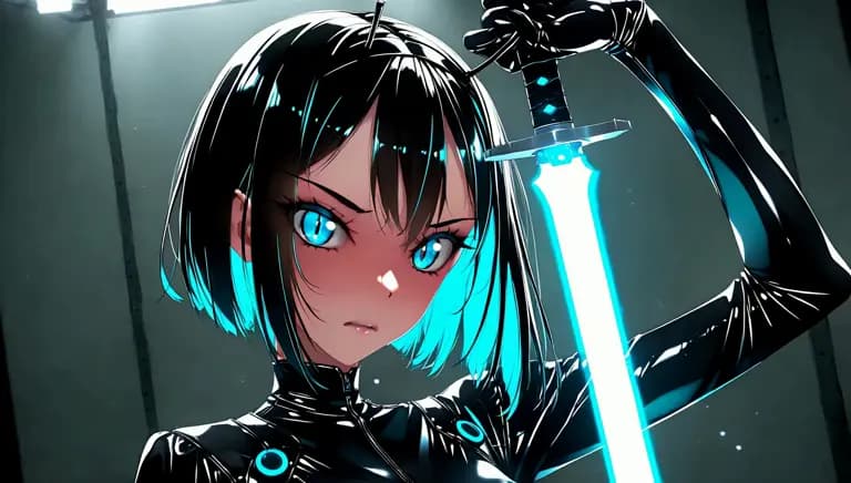 Cyber warrior holding a glowing blue blade