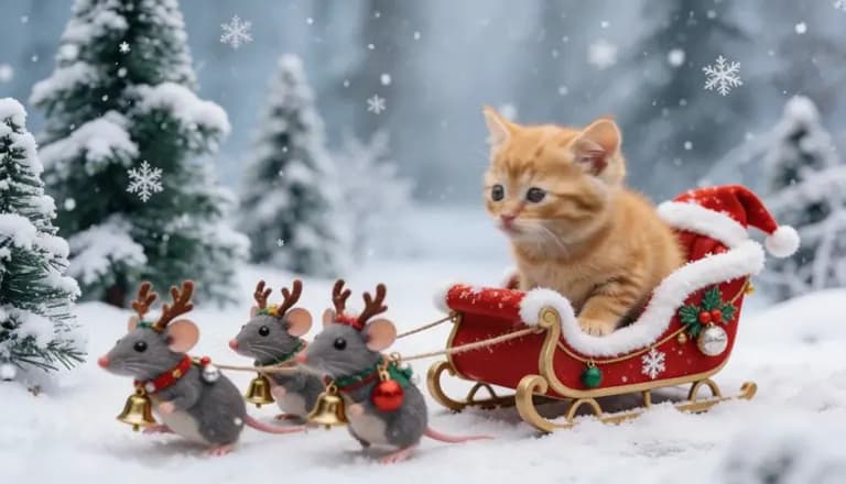 Kitten riding a miniature sleigh through snowy woods