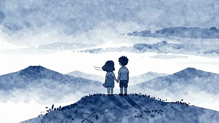 Two children watching sunrise above snowy mountains