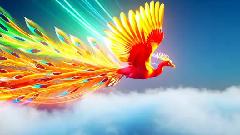 Radiant phoenix flying through a blue sky