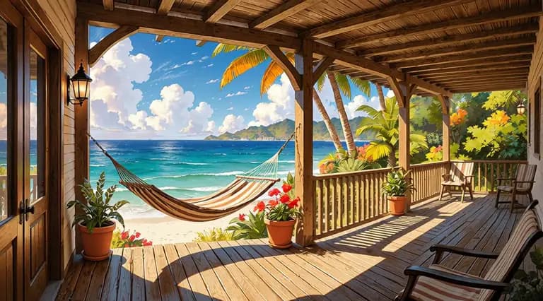 Sunlit seaside porch overlooking clear blue water