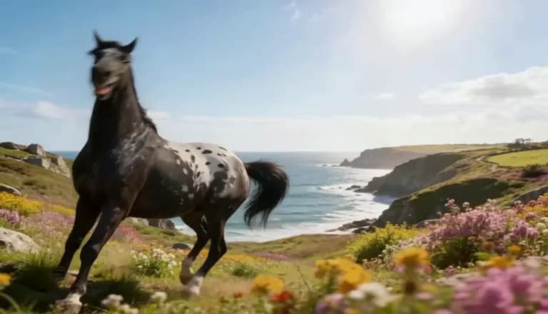 Horse running along a flower-covered coastal hillside