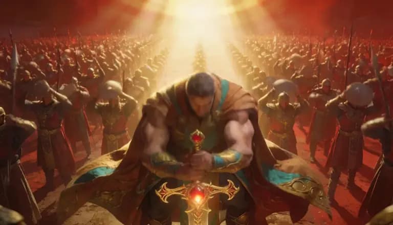 Warrior standing before an army in dramatic sunlight