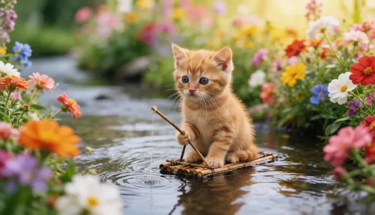 Small kitten standing in a flower-lined stream