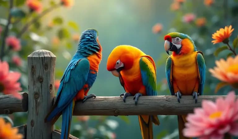 Colorful parrots perched together in a garden