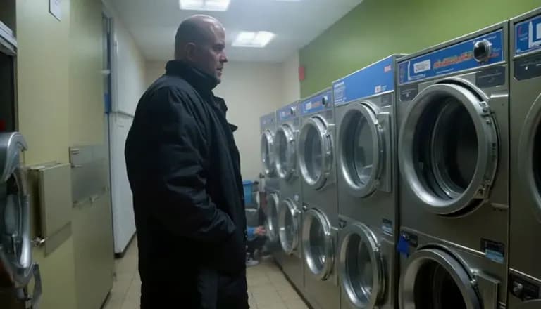 Detective standing inside a fluorescent laundromat