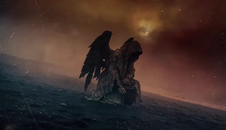 Winged fantasy figure standing on a stormy shore