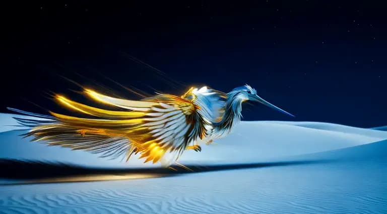 Luminous fantasy bird spreading its wings on a dark stage