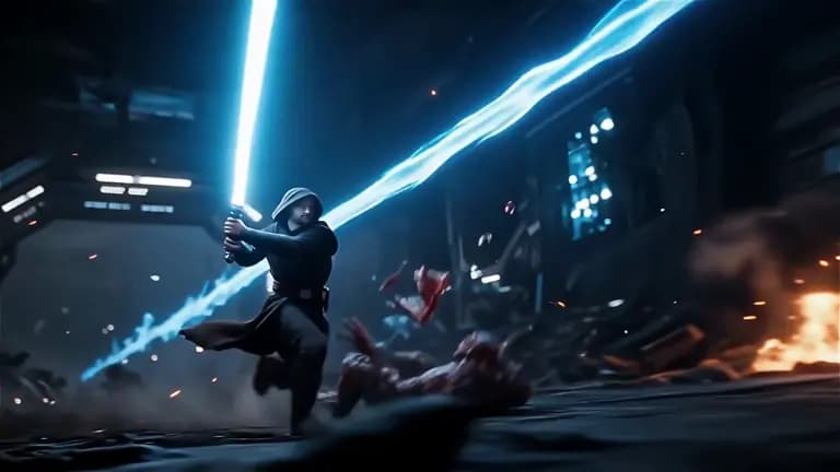 Sword fighter releasing blue energy in a futuristic hall