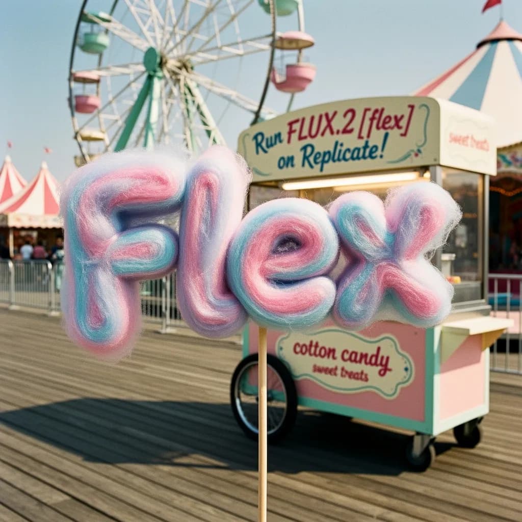 Pastel cotton-candy letters spelling “Flex” at a sunny vintage carnival.