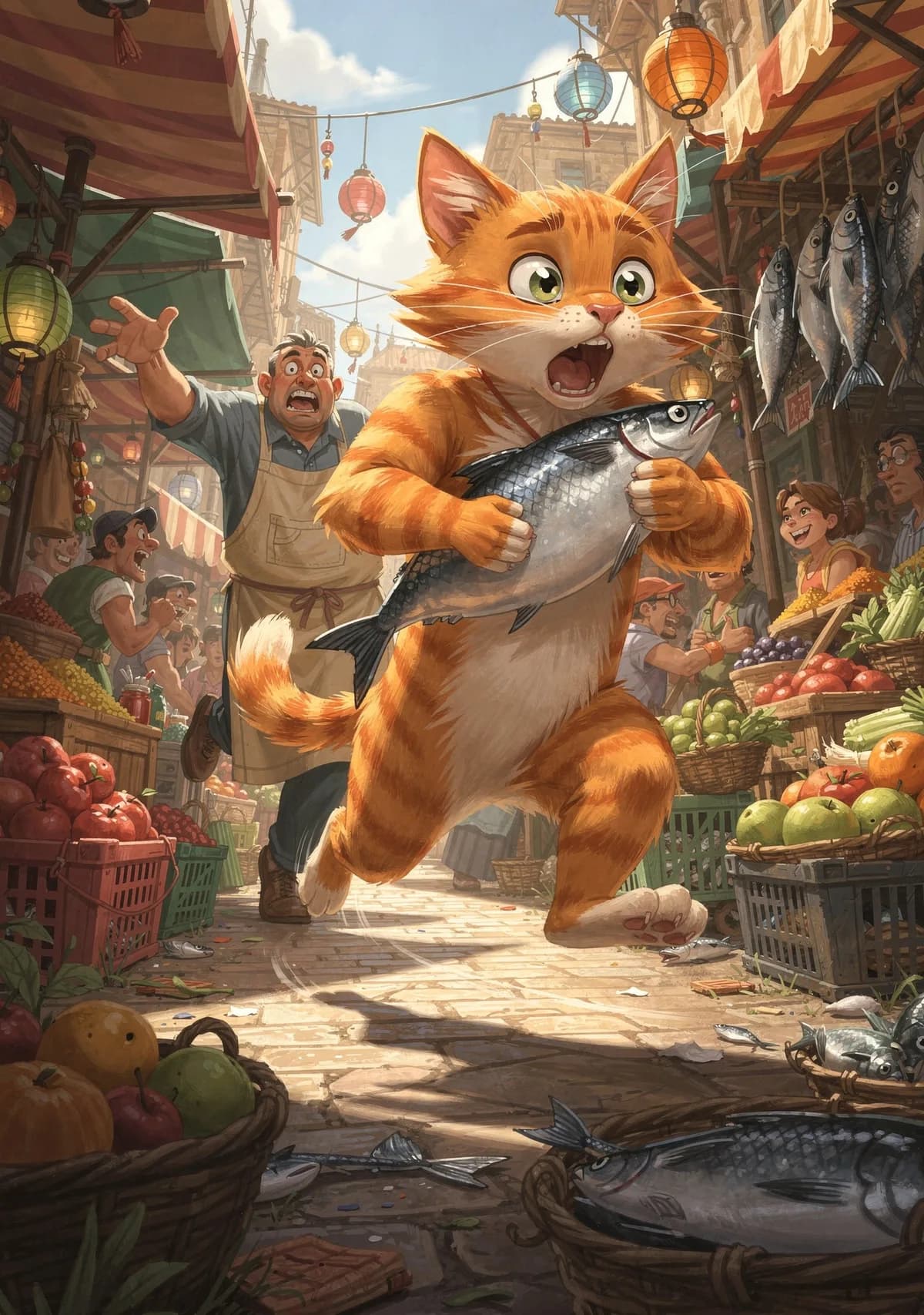 Orange cat running upright through a busy market while clutching a silver fish, with vendors reacting behind it