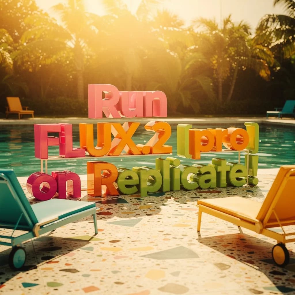 Glossy pink, orange, and lime 3D lettering beside a bright retro pool with terrazzo tiles, vintage chairs, palms, and golden lens flare.