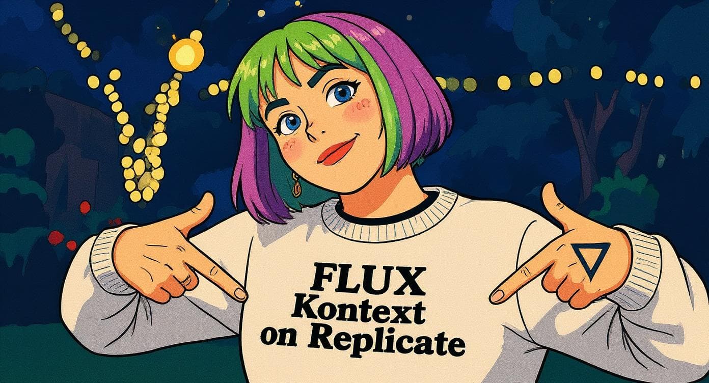 Cartoon woman with pink-and-green bobbed hair pointing at a sweatshirt printed with FLUX Kontext lettering.