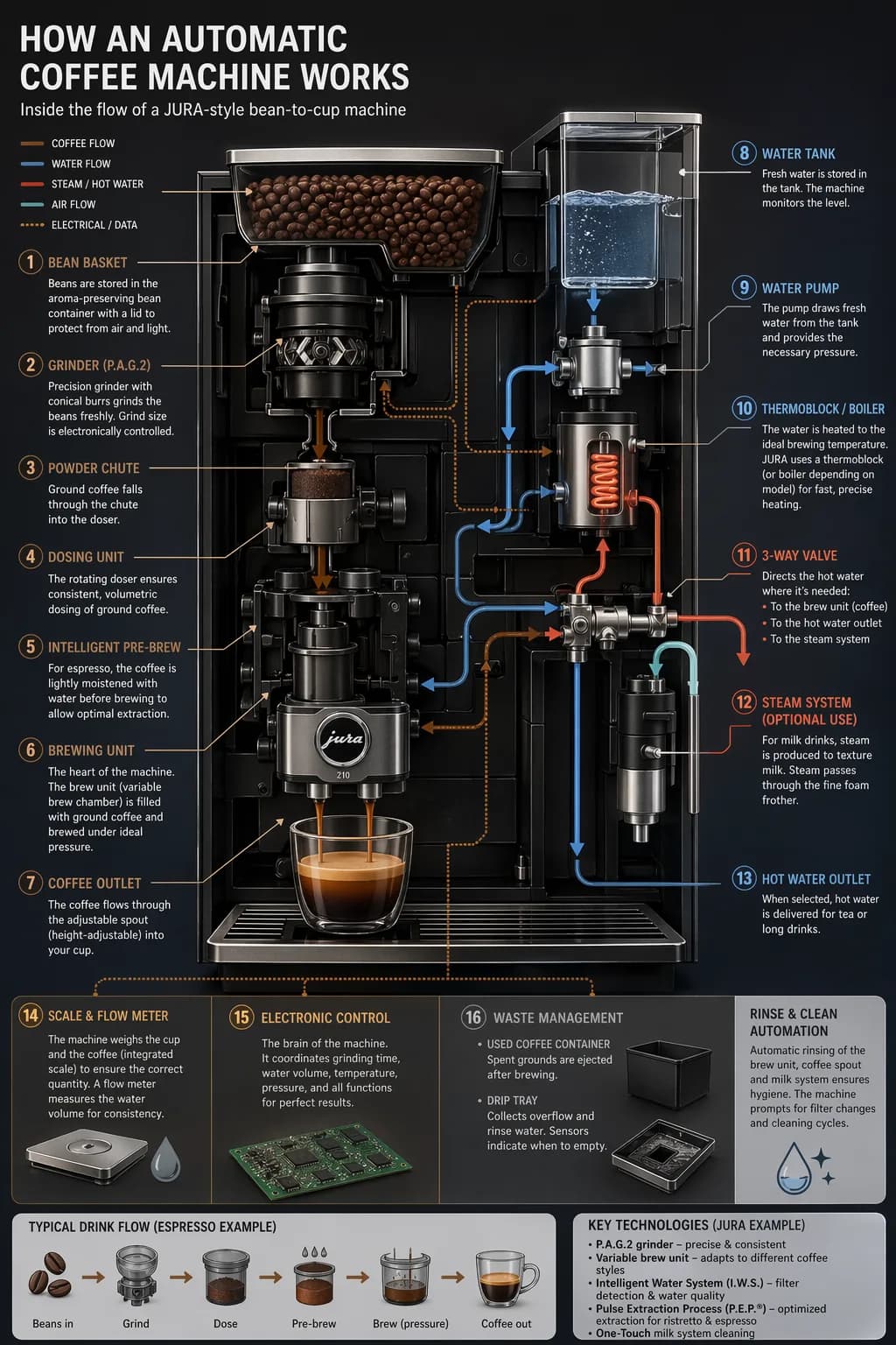 Tall cutaway infographic explaining the components and process flow inside an automatic coffee machine
