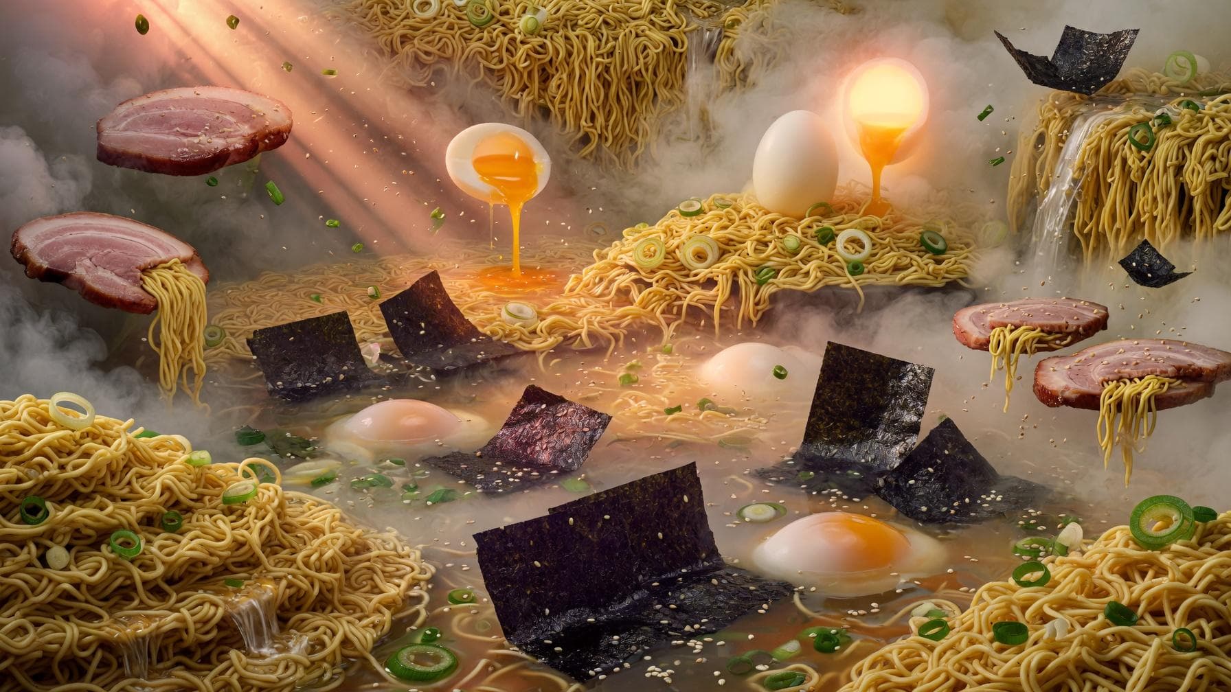 Surreal ramen landscape with noodle waterfalls, broth pools, floating pork slices, nori sheets, and glowing egg yolks