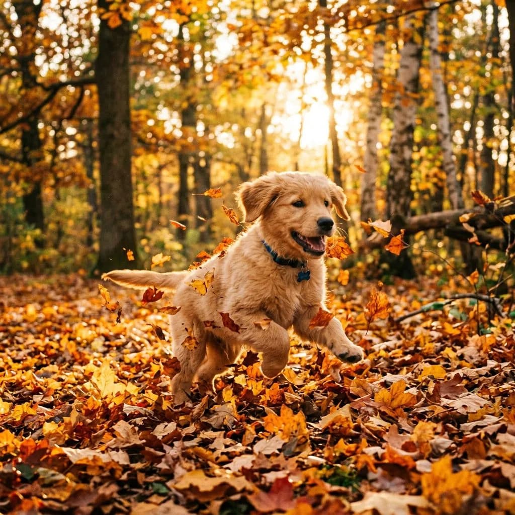 Happy golden retriever puppy bounding through orange leaves in a sunlit autumn forest