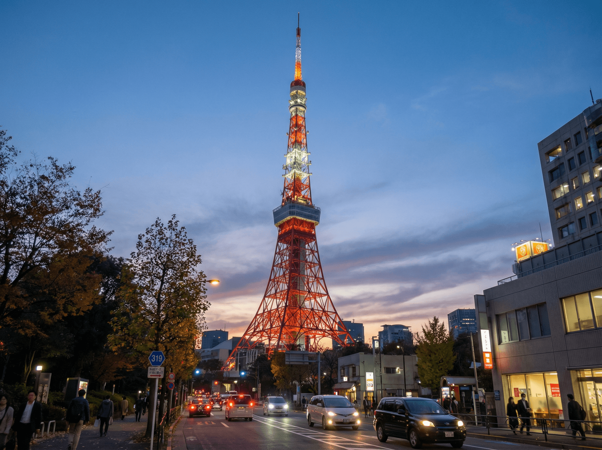 Tokyo Tower glowing red and gold above a city street at blue hour.