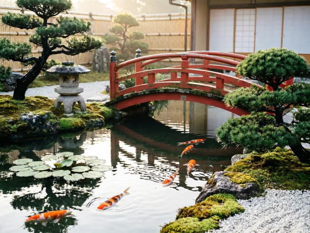 Serene Japanese garden with a red bridge over a koi pond in morning light