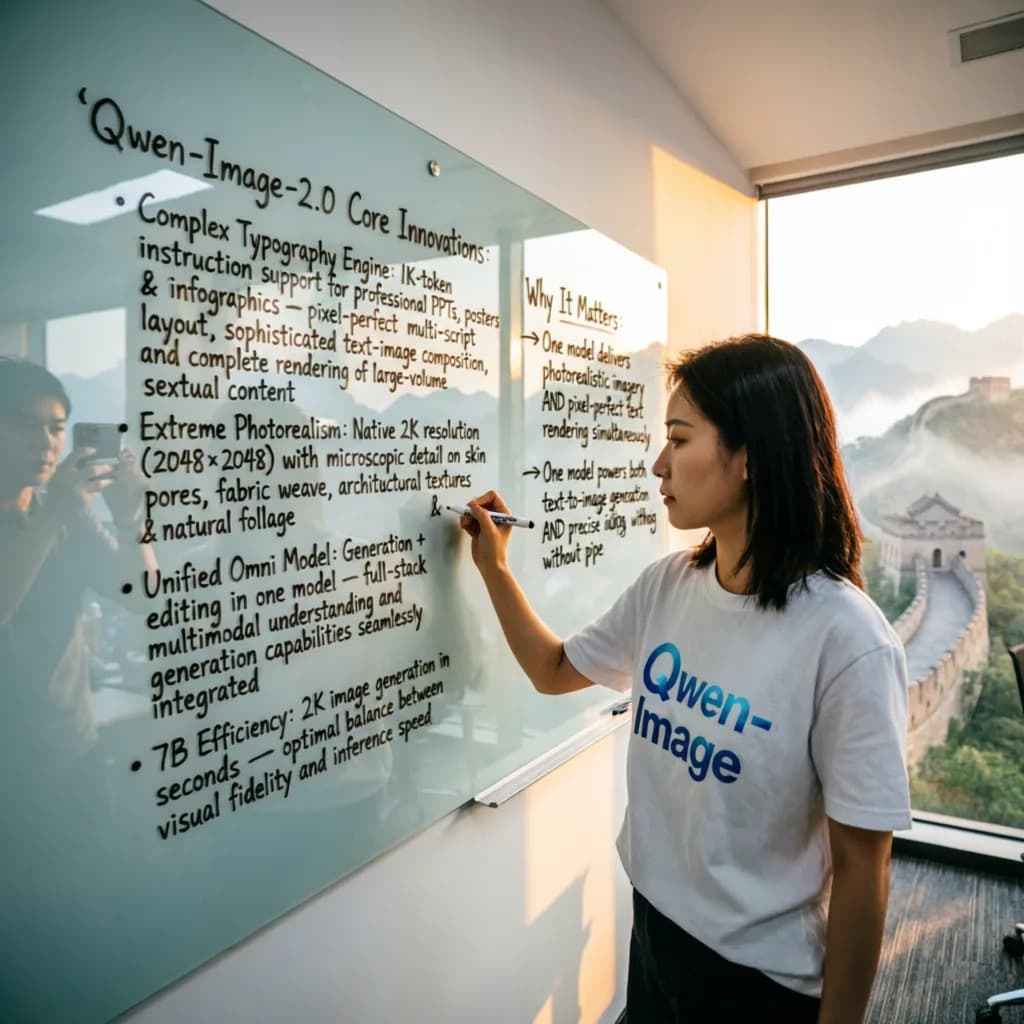 Woman writing a dense Qwen Image 2.0 feature summary on a glass whiteboard overlooking the Great Wall