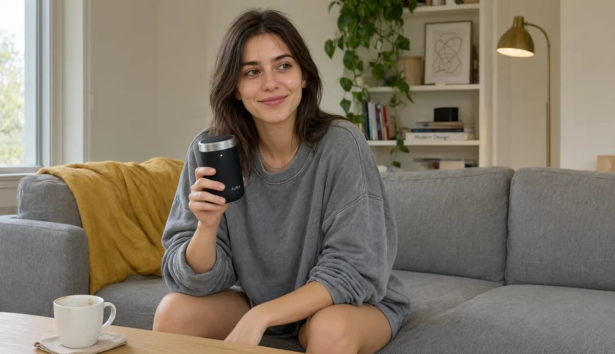 Woman seated on a gray sofa holding a black insulated tumbler in a bright living room