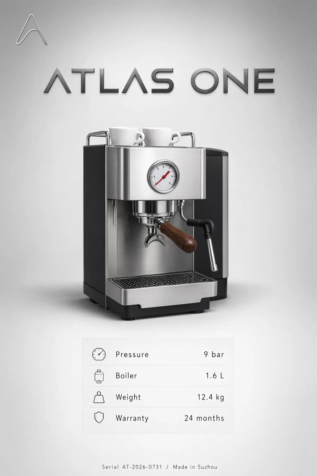 Silver ATLAS ONE espresso machine poster with a four-row specification table and serial line.