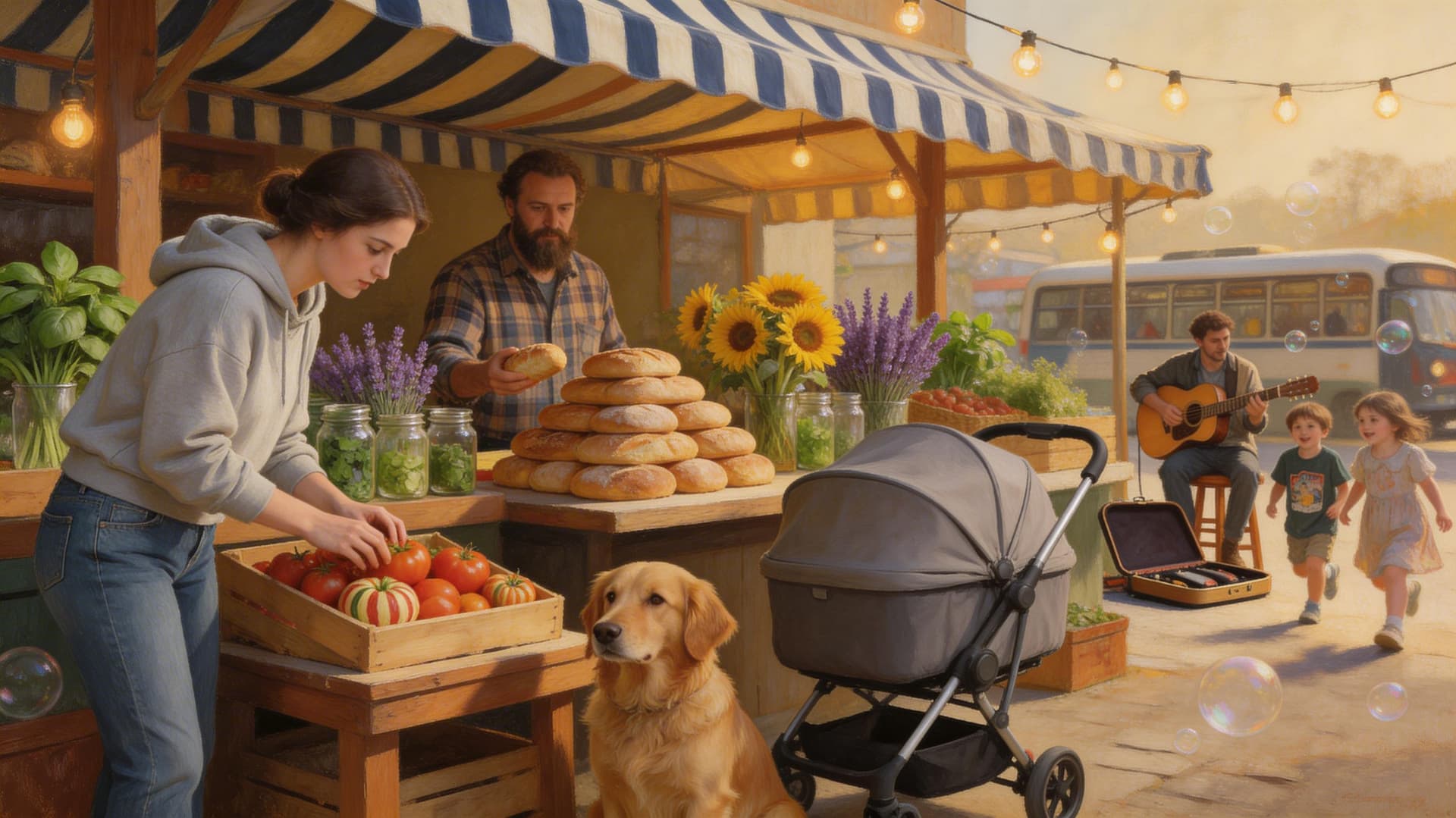 Contemporary farmers' market painted with warm Dutch Golden Age lighting, including produce, bread, flowers, a dog, a musician, and children chasing bubbles.