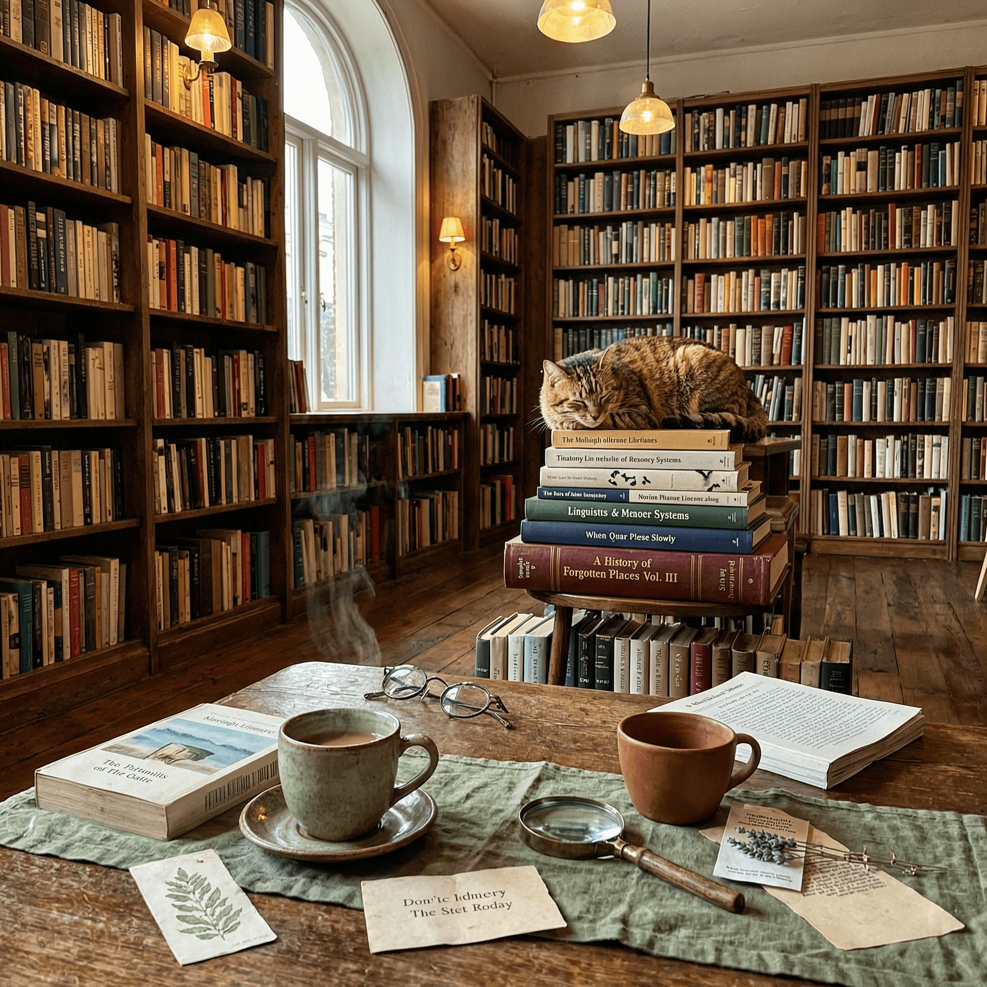 Cozy bookshop with golden window light, tall shelves, a tabby cat asleep on books, and steam rising from tea on a reading desk.