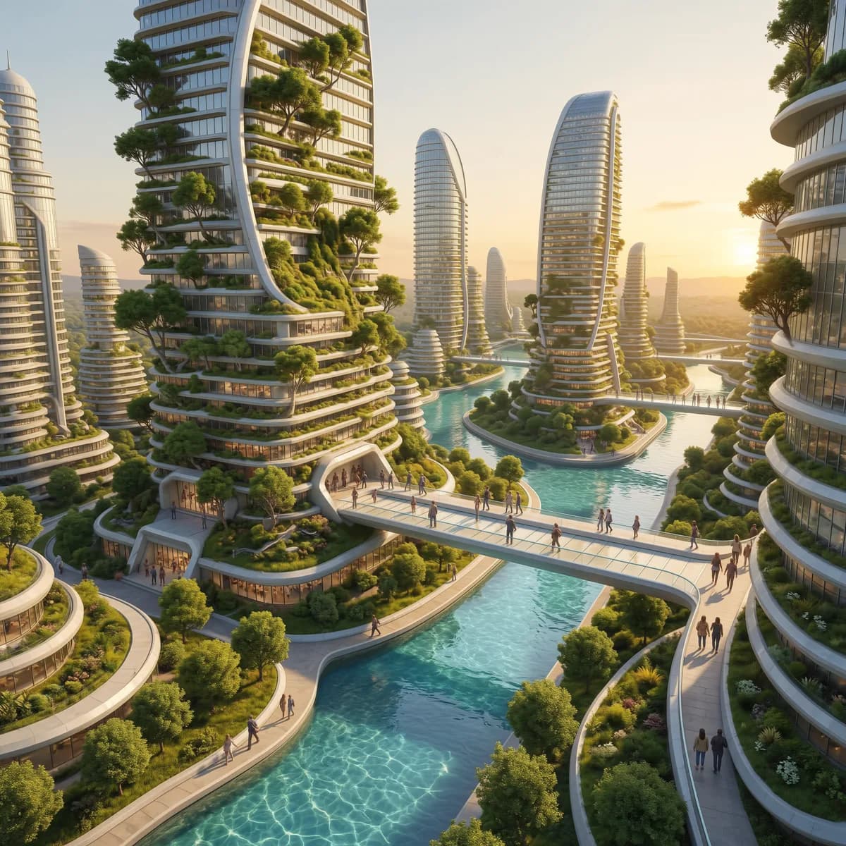 Futuristic solarpunk city of curved garden towers, turquoise canals, bridges, and pedestrians in golden afternoon light