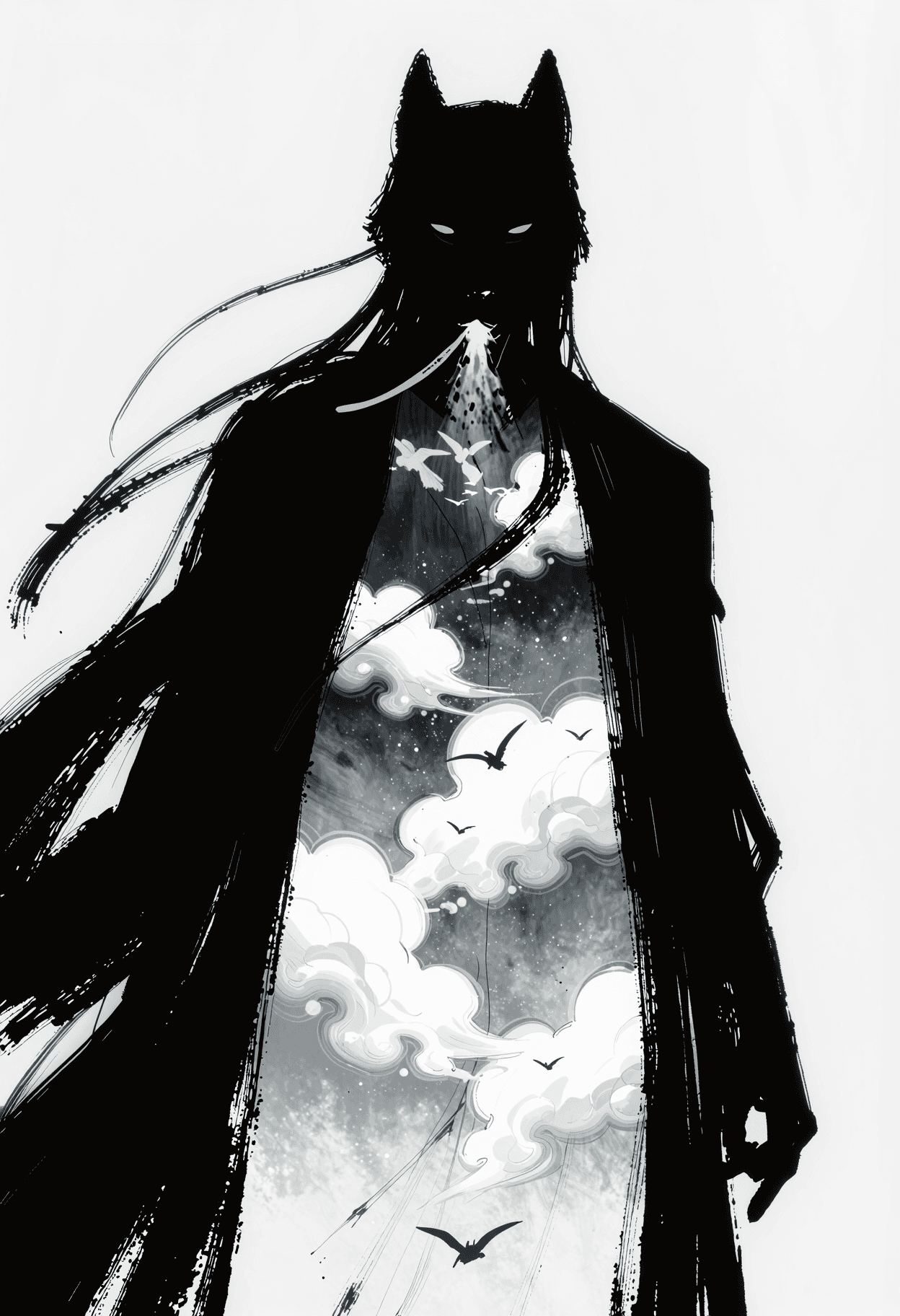 High-contrast black ink silhouette of a wolf-like creature with a cloud-filled hollow torso, mist, and birds on a white background.